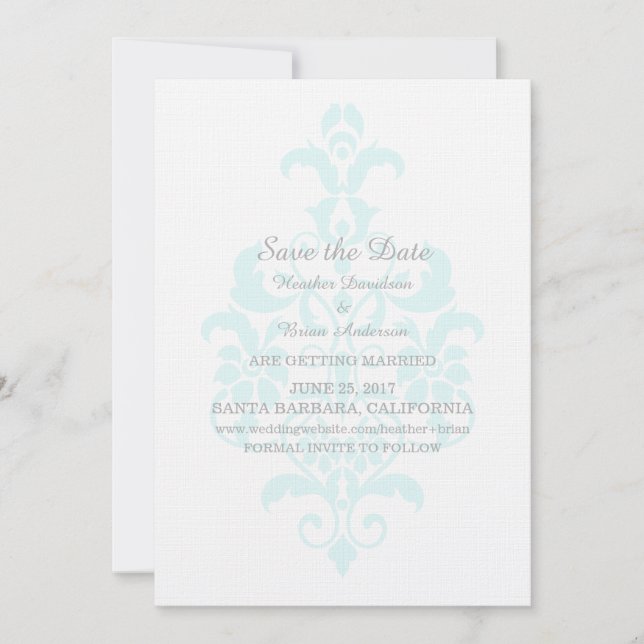 Convite Aqua Sutil Damask Save Date Invite (Frente)