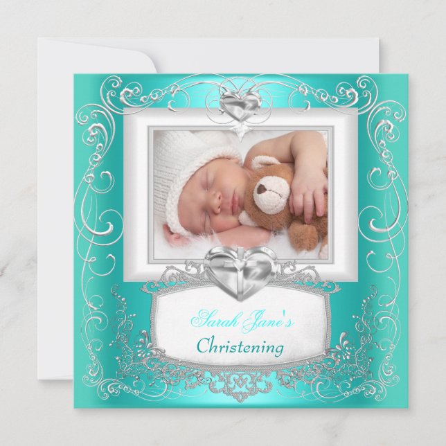 Convite Aqua Teal Baby Boy Christening Baptism Cross (Frente)