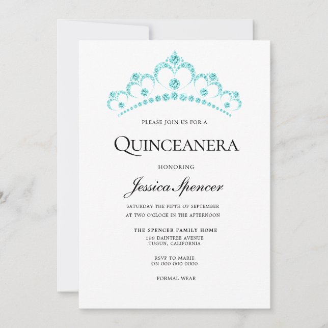 Convite Aqua Teal Diamond Tiara Quinceanera Invite (Frente)
