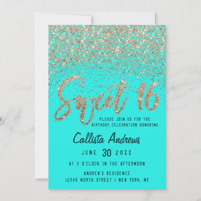 Convite Aqua Teal Dourada Espalhada Glitter Ombre Sweet 16 (Frente)
