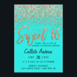 Convite Aqua Teal Dourada Espalhada Glitter Ombre Sweet 16<br><div class="desc">Este design de convite exclusivo e bonito do Sweet 16 apresenta um falso gráfico personalizado de pincel de ouro brilhante e brilhante tipografia de pincel e brilho espalhado em um efeito de gradiente ombre sobre um fundo de água. Na parte traseira, há uma grande imagem, o número 16. Este elegante,...</div>