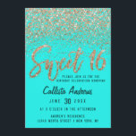 Convite Aqua Teal Dourada Espalhada Glitter Ombre Sweet 16<br><div class="desc">Este design de convite exclusivo e bonito do Sweet 16 apresenta um falso gráfico personalizado de pincel de ouro brilhante e brilhante tipografia de pincel e brilho espalhado em um efeito de gradiente ombre sobre um fundo de água. Na parte traseira, há uma grande imagem, o número 16. Este elegante,...</div>