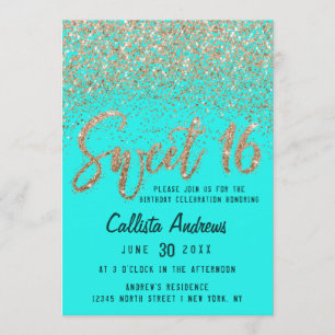 Convite Aqua Teal Dourada Espalhada Glitter Ombre Sweet 16
