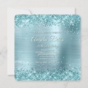 Convite Aqua Teal Glitter Pale Blue Foil 50º Aniversário