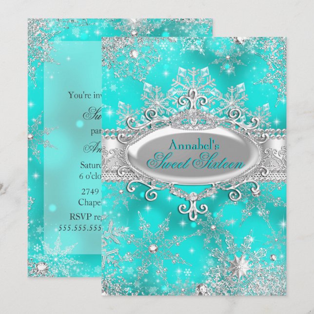Convite Aqua Teal Princesa Winter Wonderland Doce 16 (Frente/Verso)
