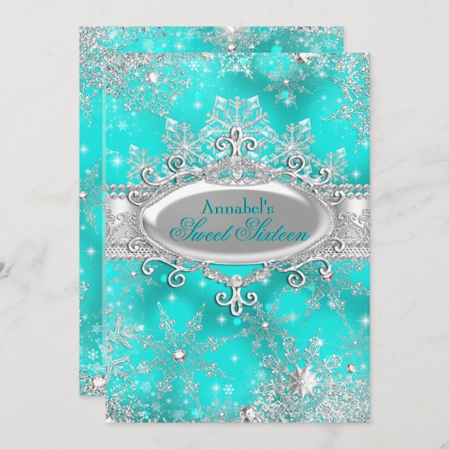 Convite Aqua Teal Princess Winter Wonderland Sweet 16 (Frente/Verso)