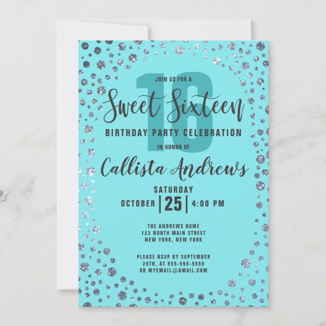 Convite Aqua Teal Silver Glitter Confetti Border Sweet 16 (Frente)