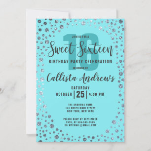 Convite Aqua Teal Silver Glitter Confetti Border Sweet 16