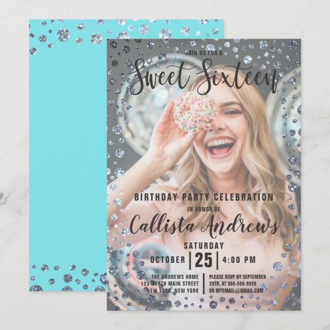 Convite Aqua Teal Silver Glitter Confetti Foto Sweet 16 (Frente/Verso)