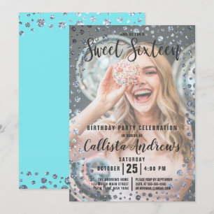 Convite Aqua Teal Silver Glitter Confetti Foto Sweet 16
