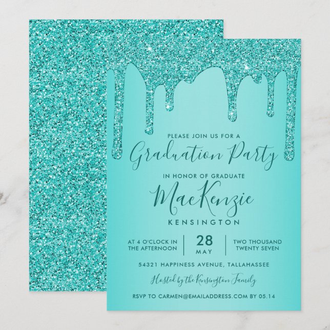 Convite Aqua Teal Sparkle Glitter Drives Festa de formatur (Frente/Verso)