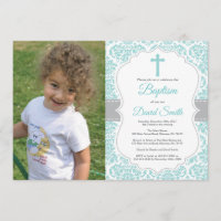 Aqua Teal Turquoise Damask Cross Baptism