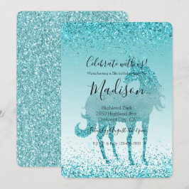 Convite Aqua Teal Turquoise Sparkle Unicorn