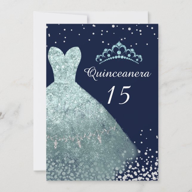 Convite Aqua Turquoise Marinho Blue Gown Quinceanera (Frente)