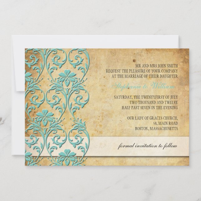 Convite Aqua Vintage Floral Swirl Invitation (Frente)