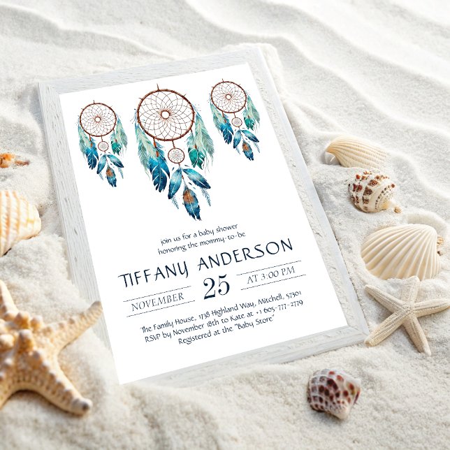 Convite Aquamarine Watercolor Dreamcatcher Chá de fraldas (Aquamarine Watercolor Dreamcatcher Baby Shower Invitation)