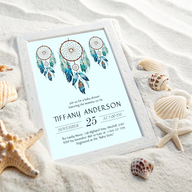 Convite Aquamarine Watercolor Dreamcatcher Chá de fraldas (Aquamarine Watercolor Dreamcatcher Baby Shower Invitation)