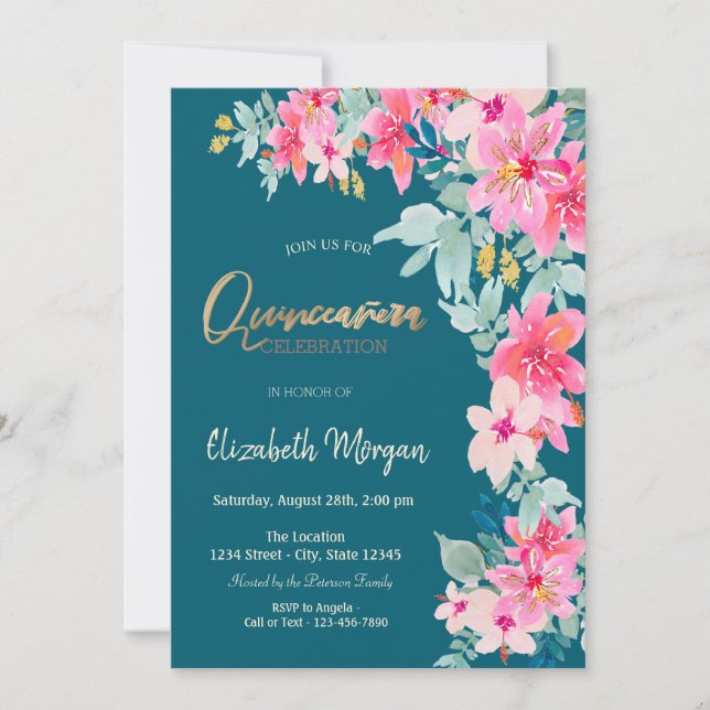 Convite Aquañera Flores de Mola de Aquarela Verde Quinceañ (Frente)