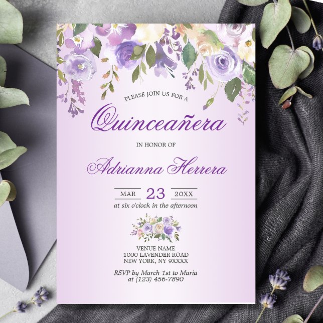 Convite Aquañera Lavanda Floral Puro Quinceañera (Criador carregado)