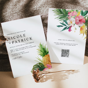Convite Aquarela Abacaxi Código QR Tropical Casamento