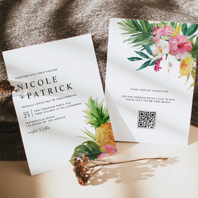 Convite Aquarela Abacaxi Código QR Tropical Casamento (Customizable QR code wedding invitation featuring watercolor pineapple, tropical greenery & flower.)