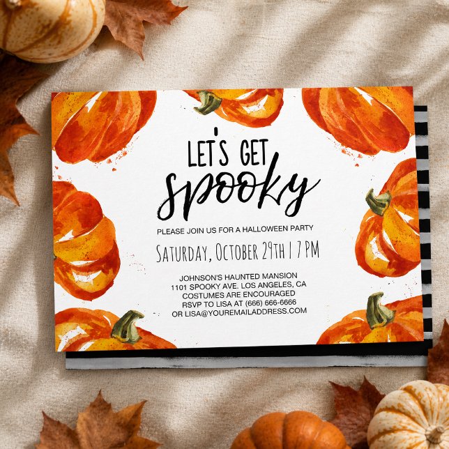 Convite Aquarela Abóbora Vamos Ficar Assustadores Hallowee (Let’s get spooky! This festive Halloween party invitation features vibrant watercolor pumpkins.)