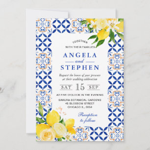 Convite Aquarela Amarelo e Azul Limões Moldura Casamento