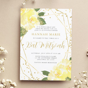 Convite Aquarela Amarelo Floral Dourado Bat Mitzvah