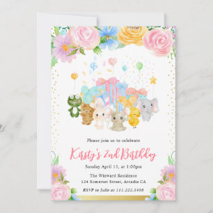 Convite Aquarela Amigos Animais Fofos Florais Aniversário