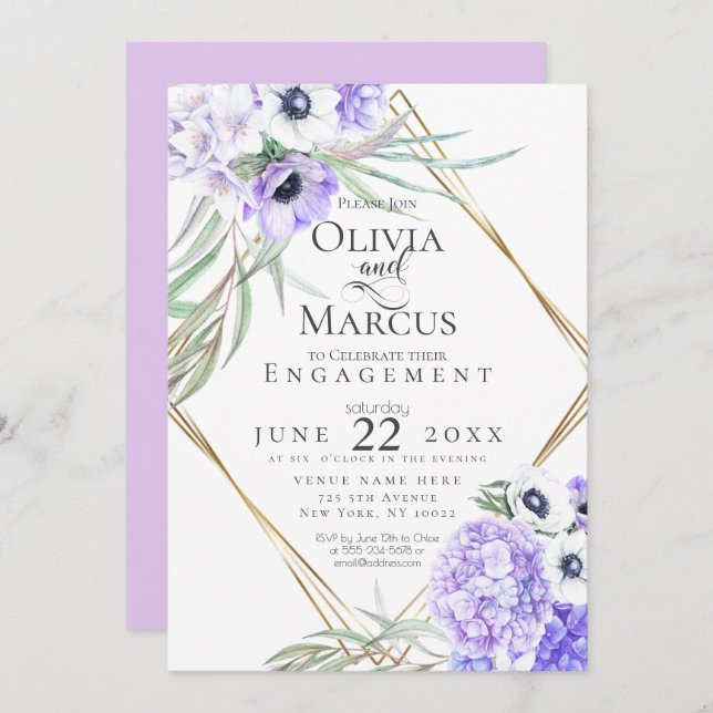 Convite Aquarela Anemona Violeta Moldura Floral Geométrica (Frente/Verso)