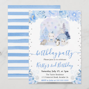 Convite Aquarela Animais Árticos Floral Aniversário Infant