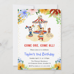 Convite Aquarela Animais de Circo Fofos Florais Aniversári