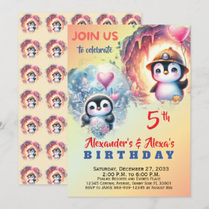 Convite Aquarela Animais Fofos de Festa Pinguim Aquarela