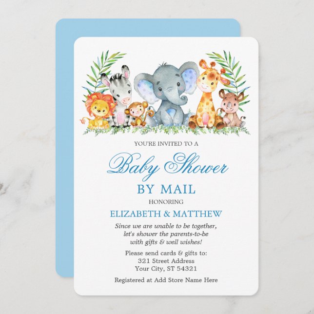 Convite Aquarela Animais Safari Chá Azul por Correio (Frente/Verso)