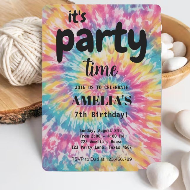 Convite Aquarela Aniversário de criança branco Rainbow Tie (Watercolor Rainbow Tie Dye whimsical Kids Birthday Invitation)