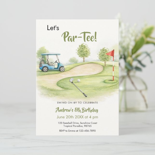 Convite Aquarela Aniversário de Golf Par-Tee (Em pé/Frente)