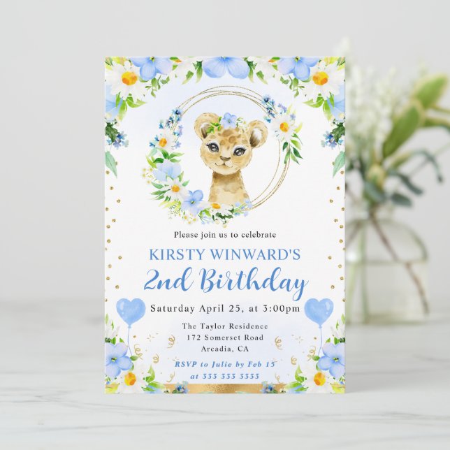 Convite Aquarela Aniversário Infantil Leão Fofa Selva (Em pé/Frente)