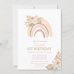 Convite Aquarela Arco-íris Boho Flores Listradas Aniversár
