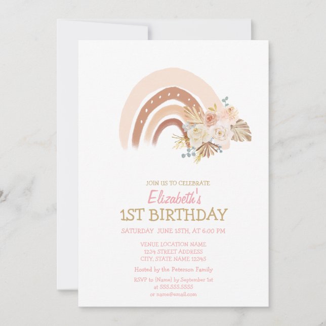 Convite Aquarela Arco-íris Boho Flores Listradas Aniversár (Frente)