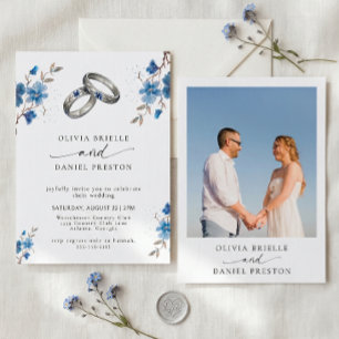 Convite Aquarela Azul Anéis Florais Foto de Casamento Eleg