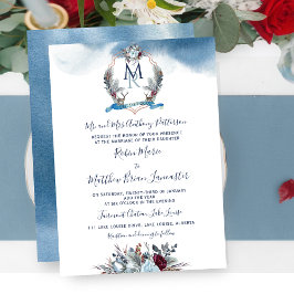 Convite Aquarela Azul Borgonha Roxo Floral e Crest