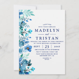 Convite Aquarela Azul Casamento Floral Rústico Minimalista