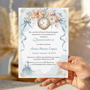 Convite Aquarela azul claro tema Cinderella quinceanera