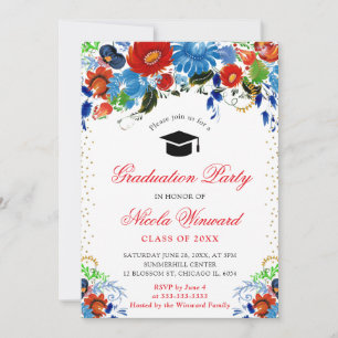 Convite Aquarela Azul e Flores Vermelhas Graduação