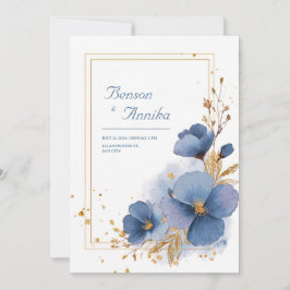 Convite Aquarela Azul Floral Elegante com Folha de Ouro Ca