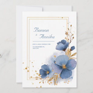 Convite Aquarela Azul Floral Elegante com Folha de Ouro Ca