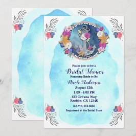 Convite Aquarela Azul Floral Náutico Moderno Âncora