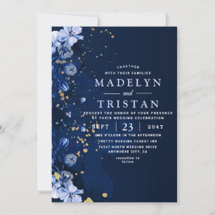 Convite Aquarela Azul Floral Rústico Minimalista Casamento