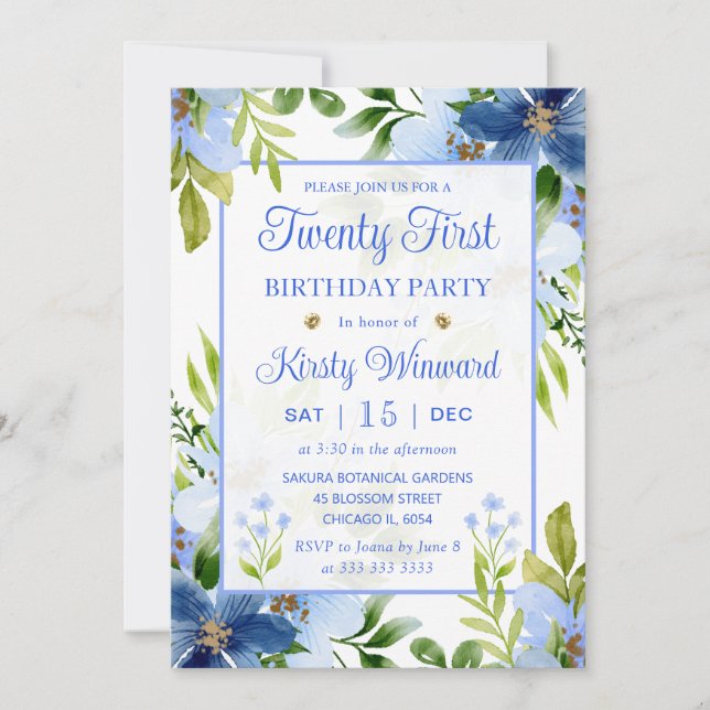 Convite Aquarela Azul Marinho e Flores Azul Bebê Aniversár (Frente)