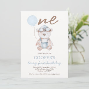 Convite Aquarela Azul Marrom Urso Primeiro Aniversário
